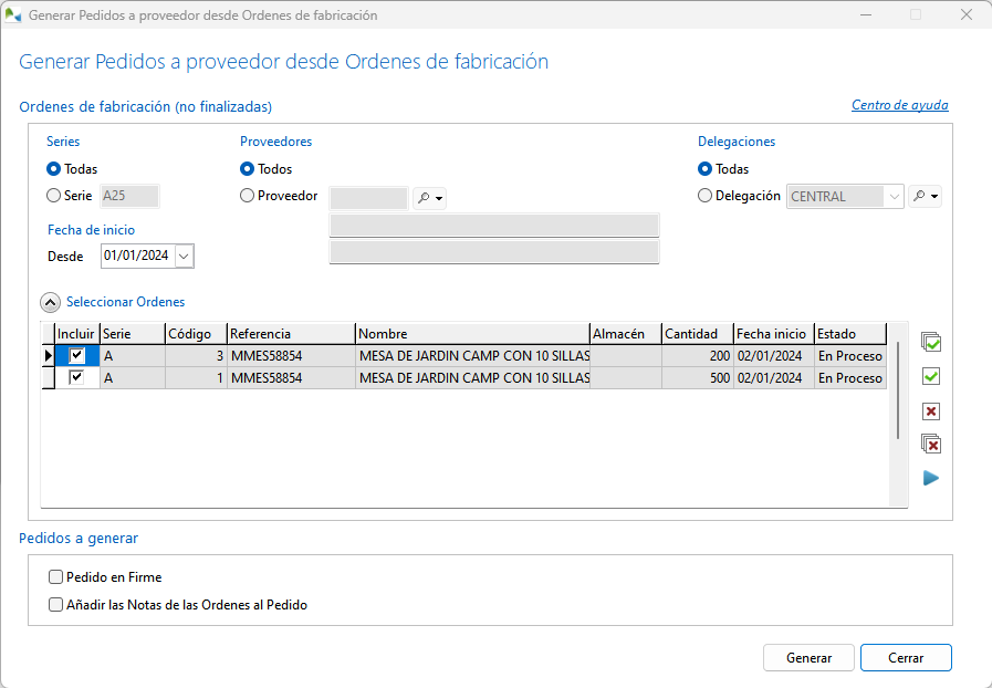 Pedidos a proveedor a partir de órdenes de fabricación Pedidos a proveedor a partir de órdenes de fabricación