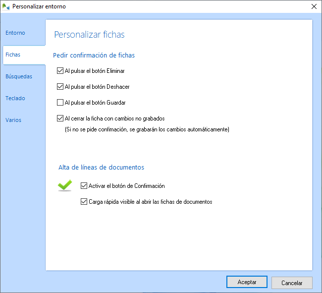 Configuración del entorno: opciones de fichas Configuración del entorno: opciones de fichas