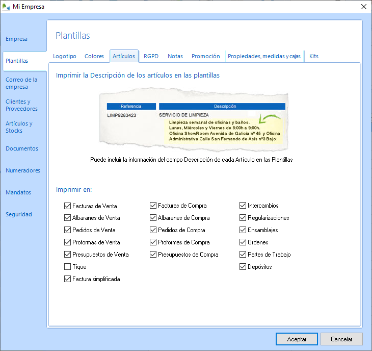 Seleccione en qué plantillas se imprimirá la descripción de los artículos