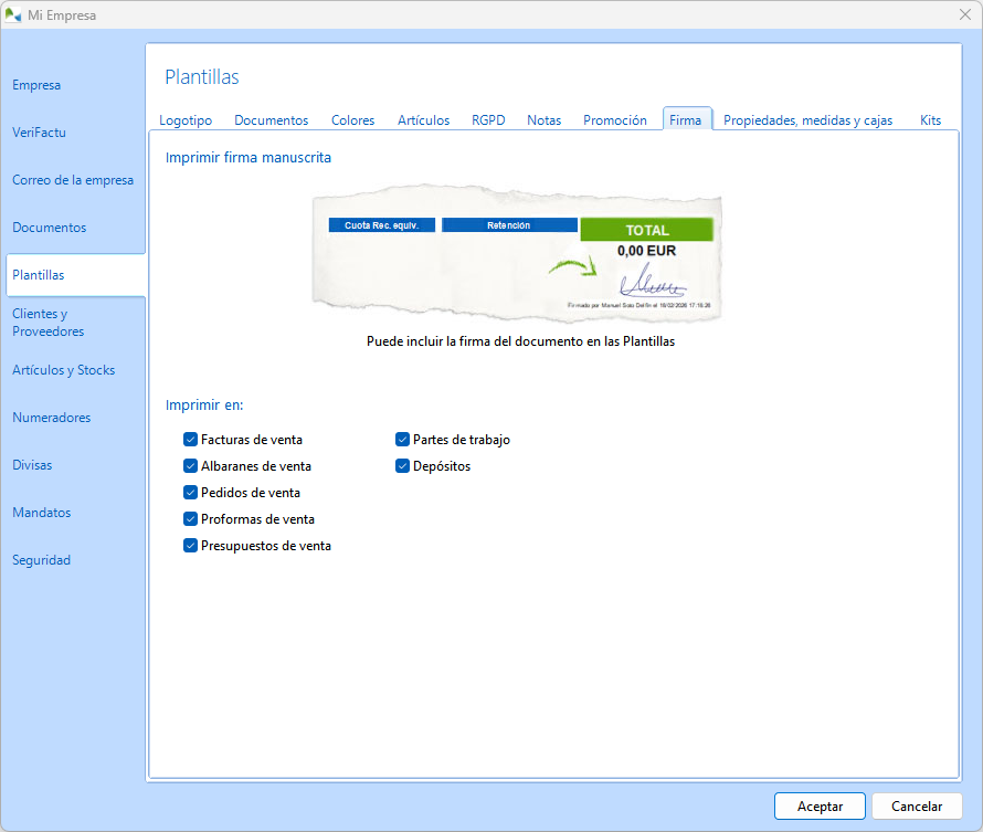 Seleccione en qué plantillas se imprimirán las firmas manuscritas