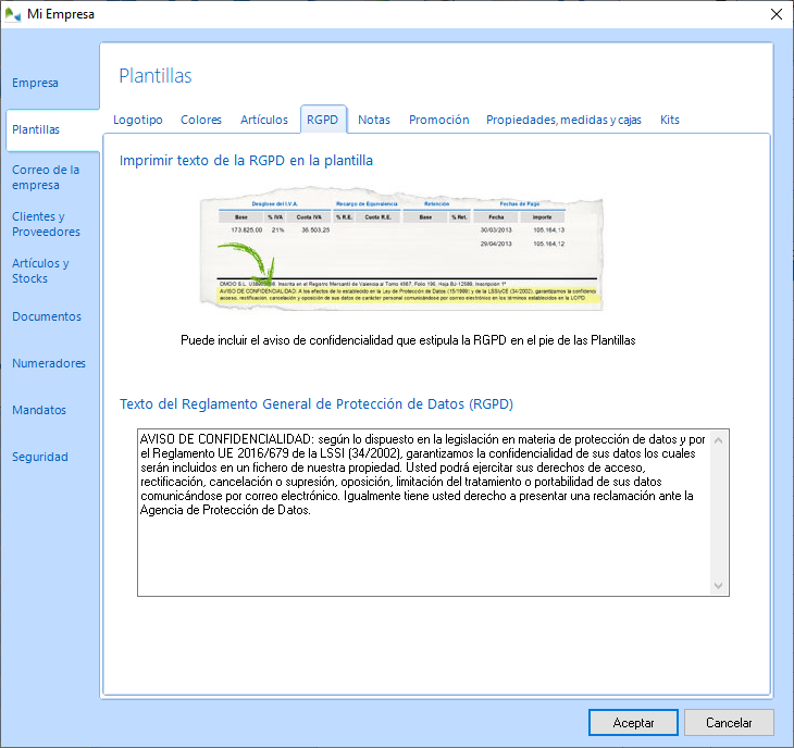 Imprima el aviso estipulado del RGPD en las plantillas
