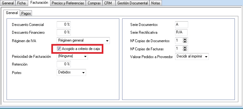 Active esta casilla en los proveedores acogidos al Régimen Especial de IVA del Criterio de Caja.&nbsp;