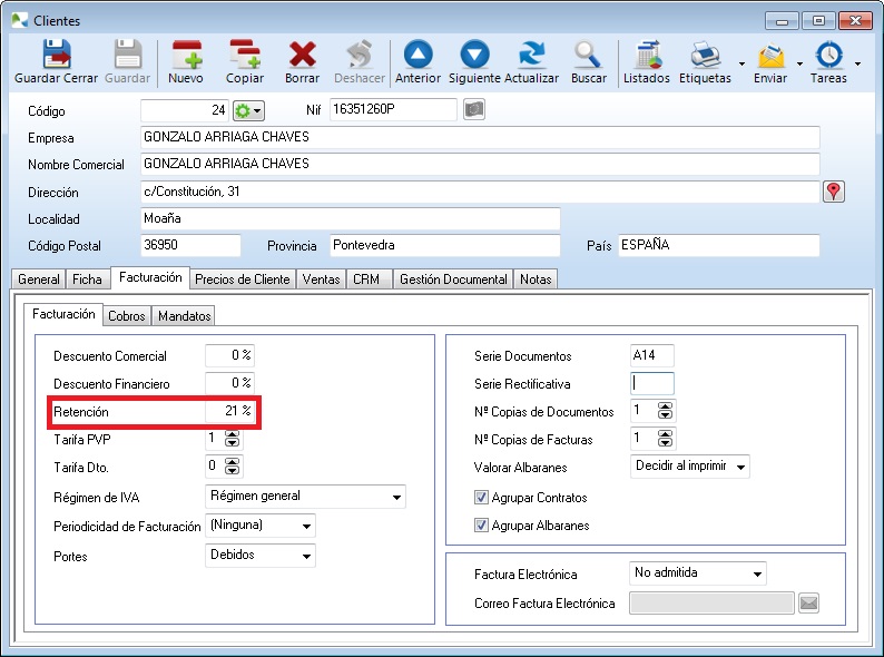 Ficha de cliente con retención Ficha de cliente con retención