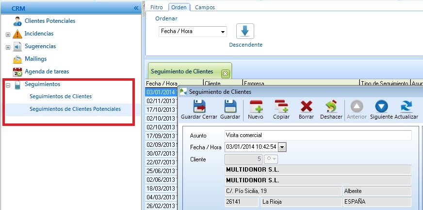 Opción Seguimientos en CRM