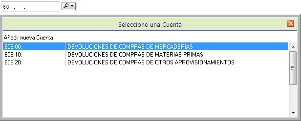 Si ha seleccionado el codigo 608, se visualizarán las cuentas del siguiente nivel