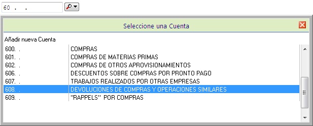 entrando el codigo 60 se despliega ventana que contiene las cuentas 601