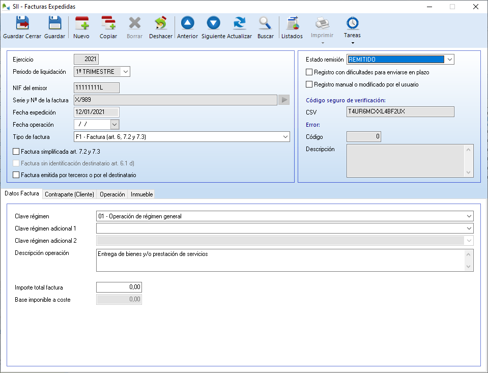Ficha de una factura del Libro-registro de Facturas expedidas Ficha de una factura del Libro-registro de Facturas expedidas