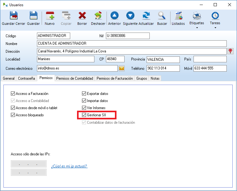 Permiso para gestionar el SII en la ficha de Usuarios