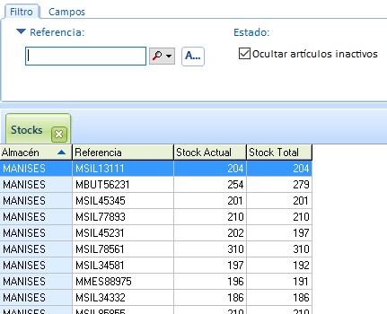 Lista de stocks ordenados por almacén