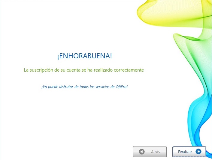 Mensaje de finalización del proceso de suscripción