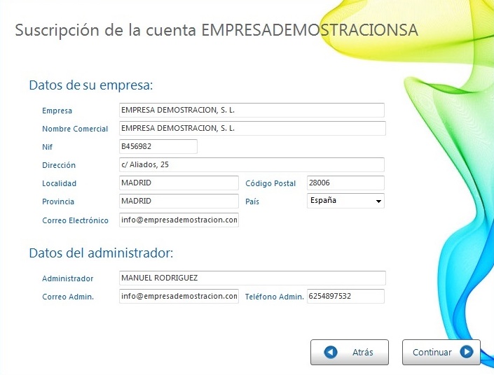 Rellene los datos de su empresa para configurar la suscripción