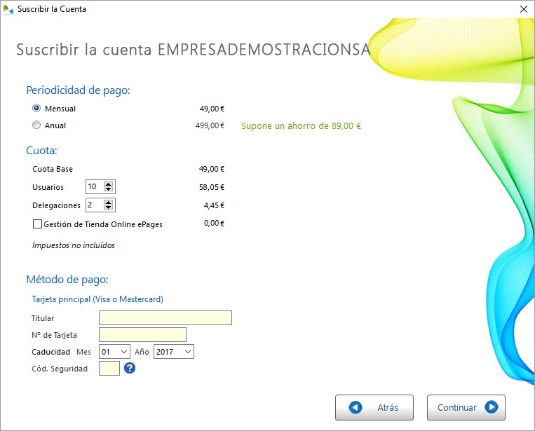 Escoja la periodicidad de pago e introduzca los datos de su tarjeta bancaria