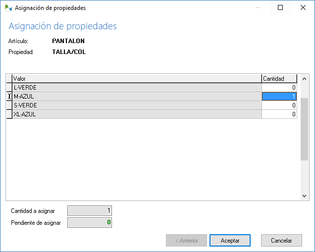 Asignación de tallas y colores en una venta Asignación de tallas y colores en una venta