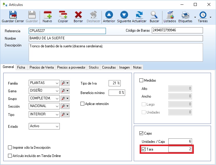 Tara y destare de articulos en OfiPro