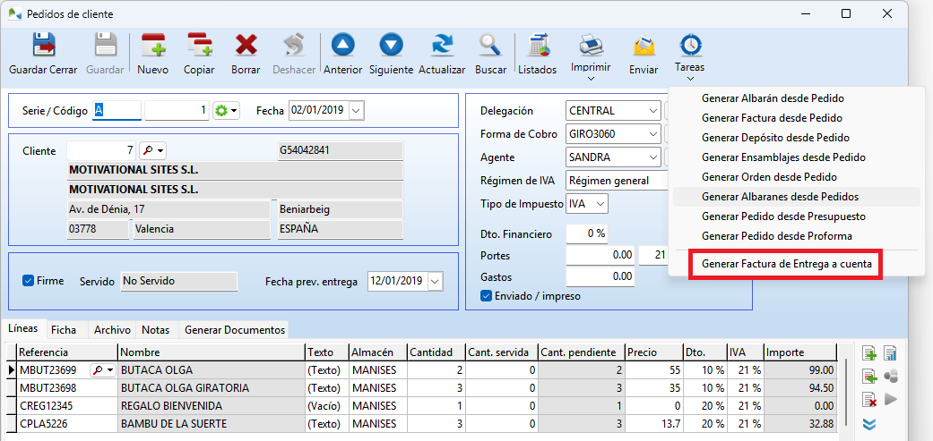 Tarea 'Entrega a cuenta' desde un pedido