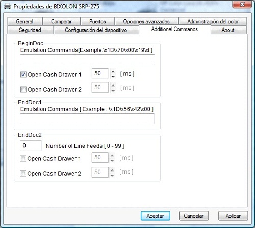Configuración de cajón portamonedas en impresora Bixolon
