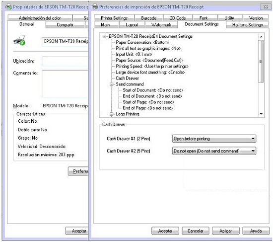 Configuración de cajón portamonedas en impresora Epson