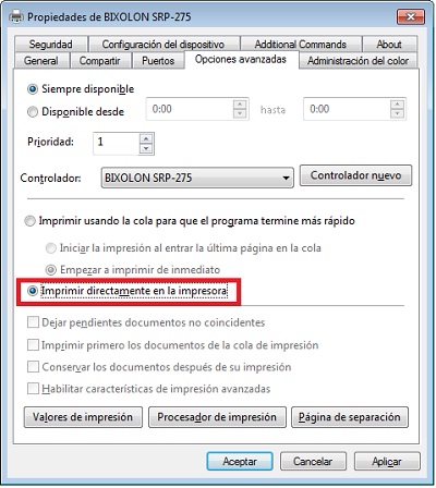 Configure el driver para 'Imprimir directamente en la impresora'