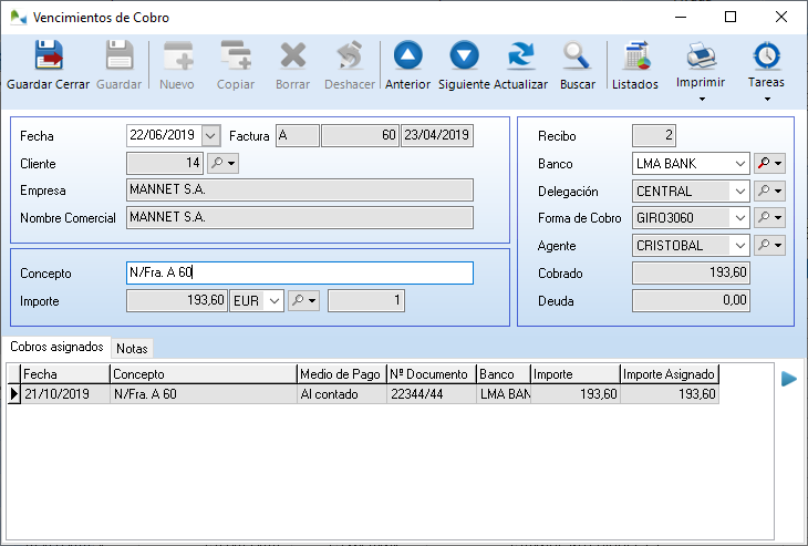 Ficha de vencimientos de cobro en OfiPro