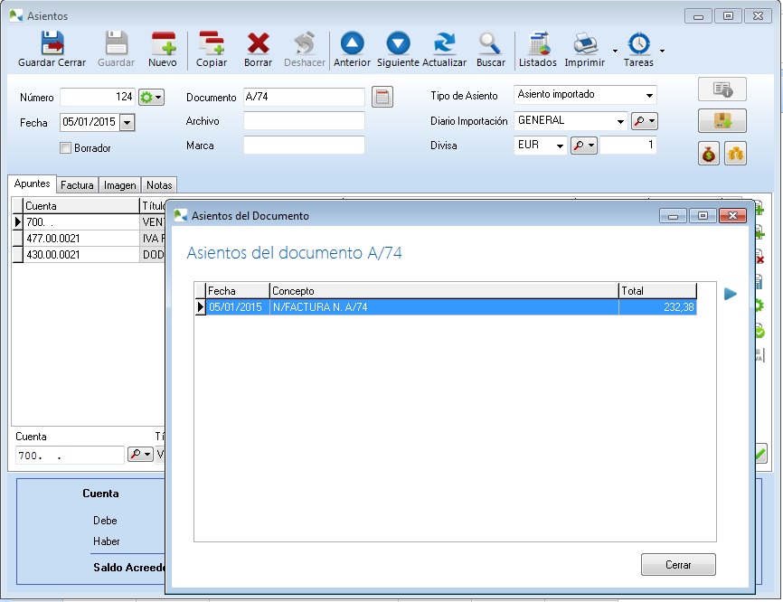 A través del botón Ver Asientos del documento puede consultar rápidamente si ha sido contabilizado o no.