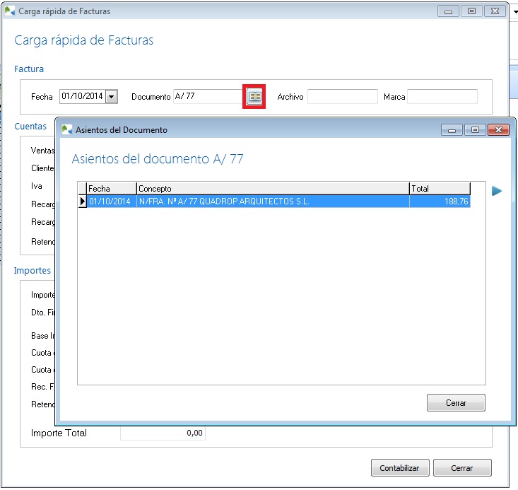 consultar asientos del documento en carga de facturas