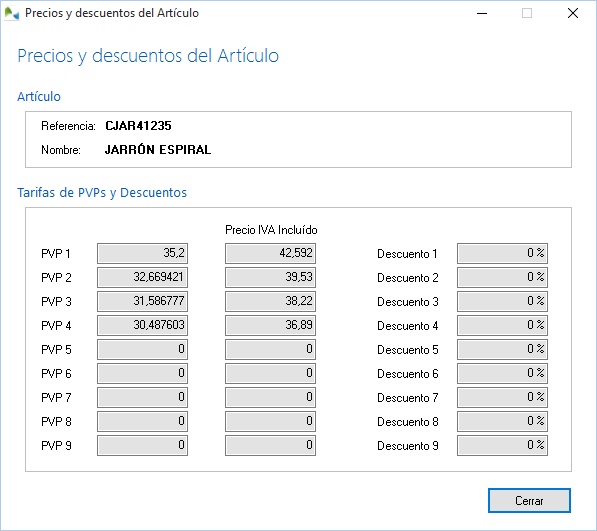 Ver precios y descuentos del artículo desde el documento