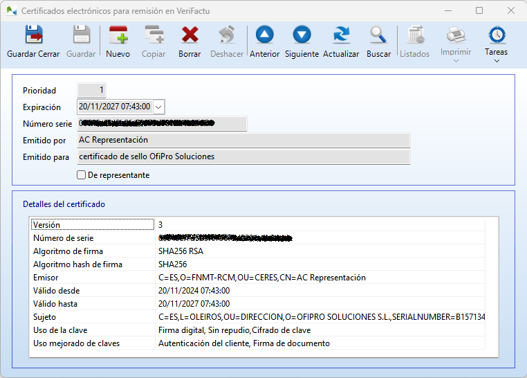 Pantalla del certificado registrado