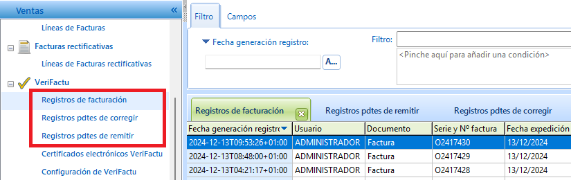 Están disponibles 3 listas de registros de facturación: todos, pendientes de corregir, y pendientes de remitir