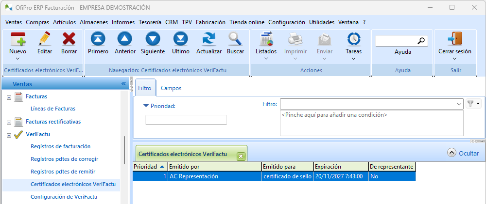 Certificados registrados en OfiPro, para uso en la remisión VeriFactu