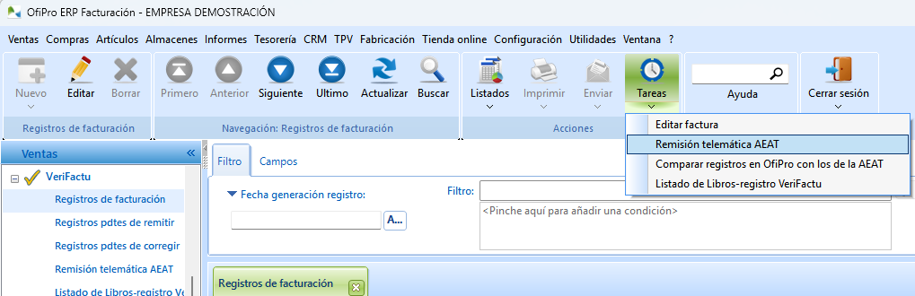 Tarea Remisión telemática AEAT en la lista de registros de facturación