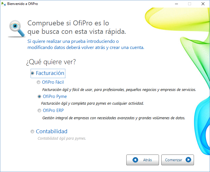 Seleccione la versión de OfiPro de la que desea el vistazo rápido&nbsp;